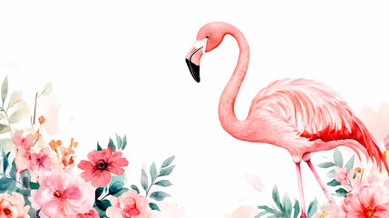 Naklejka premium Pink flamingo in watercolor with tropical flowers and white background, decorative flower art