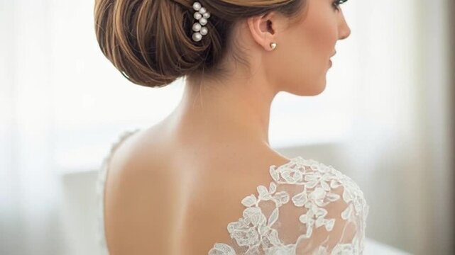 Beautiful bride presents a stylish updo hairstyle with pearl accessories for an elegant wedding, showcasing modern bridal fashion.