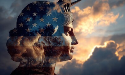 A double exposure of the Statue of Liberty and an American flag, with stars forming in the clouds at sunset Generative AI