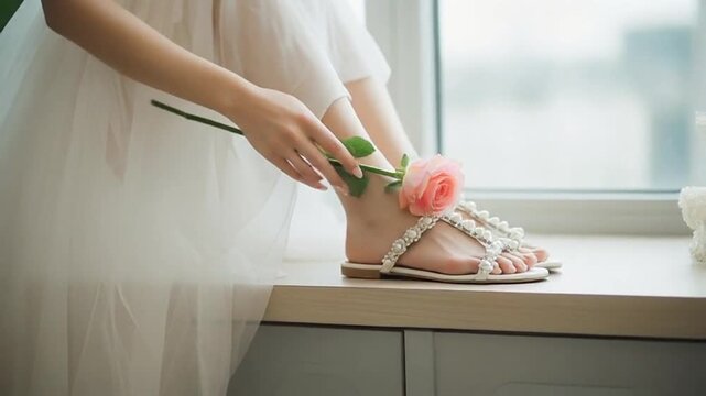 A woman in a white dress gently places a pink rose on her pearl-adorned sandal next to a window.