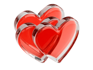 Three red glass hearts overlapping romantic love, Isolated On Transparent Background, Png