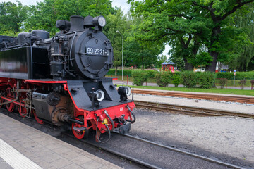 Steam train on the rails, Bad Doberan, Mecklenburg-Vorpommern, Germany