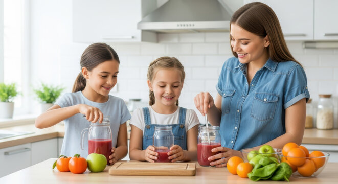 A mother and two daughters making fruit smoothies together in a bright and modern kitchen setting