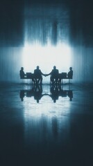 International business negotiation scene with digital contract floating in focus, blurred background
