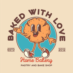 Bakery shop signboard logo template. Retro cookie biscuit mascot for promo banner flyer