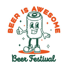 Beer festival signboard logo template. Retro tin can of beer mascot for promo banner flyer