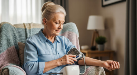 An elderly woman in a blue shirt checking her blood pressure at home while sitting in an armchair