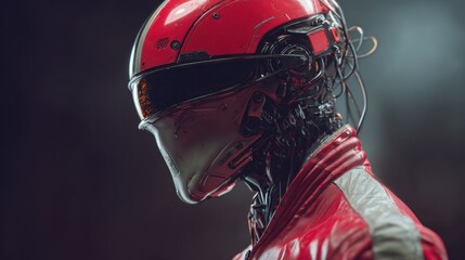Hyper-realistic futuristic humanoid character with detailed cybernetic features, space for text