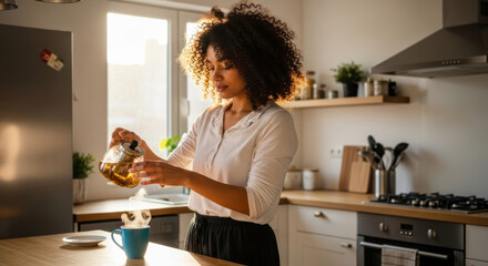 Woman pouring tea from a glass teapot into a blue mug in a bright and modern kitchen setting indoors