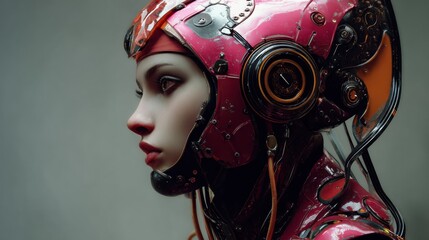 Hyper-realistic futuristic humanoid character with detailed cybernetic features, space for text