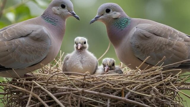 Two adult doves lovingly watch over their two nestlings within a cozy nest, offering a glimpse into the intimate family life of these peaceful birds.