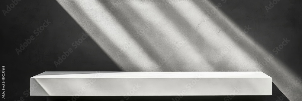 Poster minimalist showcase space with dynamic light play on plaster surfaces in a chiaroscuro backdrop