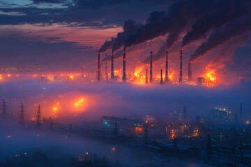 Panorama of smoking chimneys at dawn, light fog and haze 