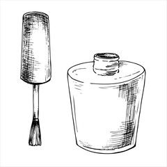 Graphic vector drawing of manicure tools hand drawn. Jar and brush for applying nail polish