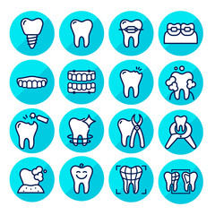 Comprehensive dental icon set - implants, braces, X-rays and pediatric dentistry. Modern flat vector designs for clinics, medical apps and dental healthcare presentations