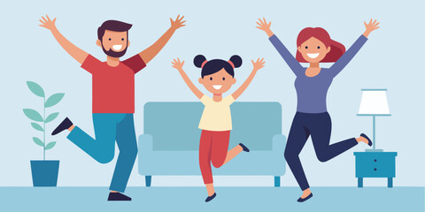 Vector art of happy family jumping in living room