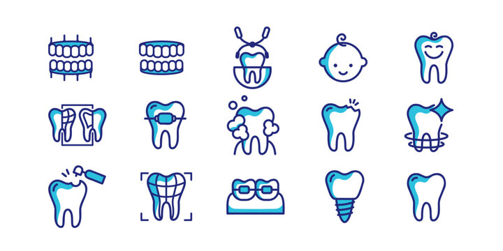 Comprehensive dental icon set - implants, braces, X-rays and pediatric dentistry. Modern flat vector designs for clinics, medical apps and dental healthcare presentations