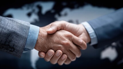 International business negotiation scene with digital contract floating in focus, blurred background