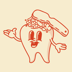 Cheerful retro tooth mascot getting brushed with foamy toothpaste. Vintage dental care illustration for clinics and oral hygiene brands