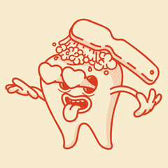 Smiling retro mascot.Toothbrush cleans tooth with toothpaste. Dentistry icon, dentist logo. Love gesture. Eyes like hearts