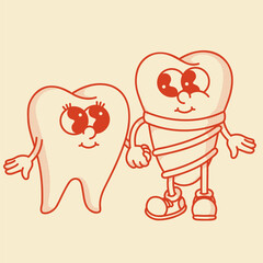 Playful tooth and implant character - cute 70s-80s vector art for dental surgery marketing and education