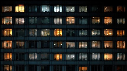 Lit windows of a dark office building at night