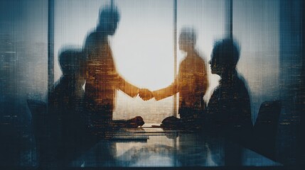 International business negotiation scene with digital contract floating in focus, blurred background