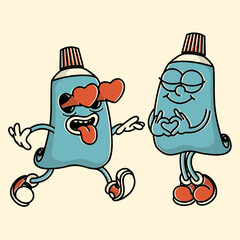 Vibrant retro twist-cap tube mascots for toothpaste, creams, ointments. Playful vector designs for dental and skincare brands