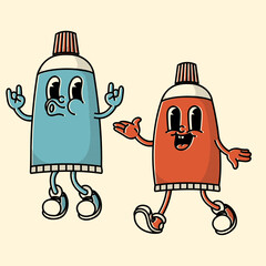 Vibrant retro twist-cap tube mascots for toothpaste, creams, ointments. Playful vector designs for dental and skincare brands