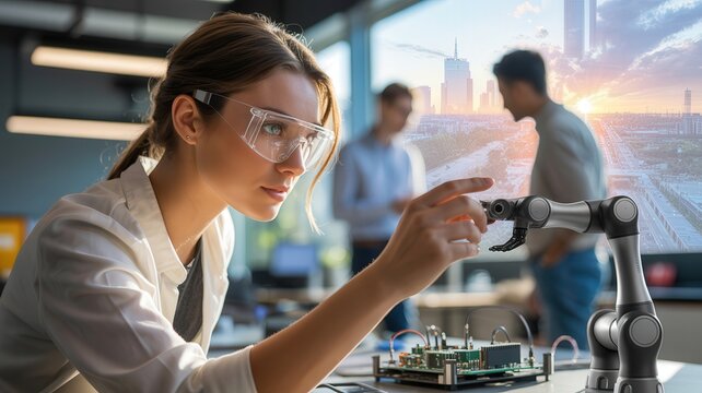 Female scientist working with robotic arm in modern laboratory