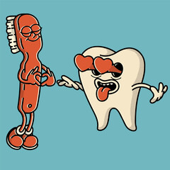 Adorable tooth and toothbrush in love! Retro 70s-style kissing mascots for fun dental education and oral care branding