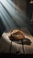 Artisan bread loaf with dramatic sunlight on weathered wooden floor