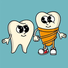 Implant and natural tooth holding hands - retro mascots showing perfect dental harmony for clinics