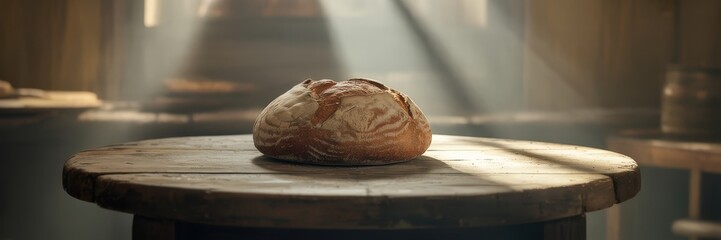 Rustic sourdough bread on round wooden table in traditional bakery
