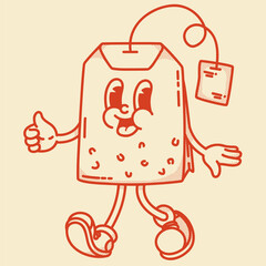 Cheerful retro tea bag mascot giving a thumbs up. Vintage handdrawn design for premium Earl Grey and herbal tea packaging
