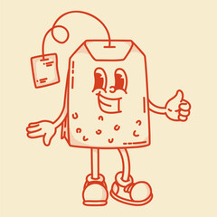 Cheerful retro tea bag mascot giving a thumbs up. Vintage handdrawn design for premium Earl Grey and herbal tea packaging