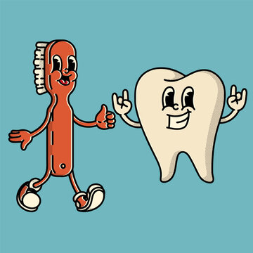 Playful vintage tooth & brush buddies - thumbs up and smiling. Perfect handdrawn art for kids' hygiene education