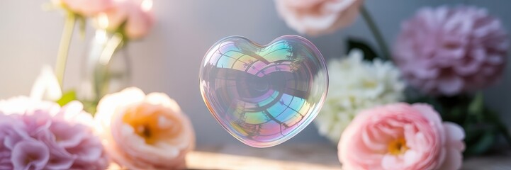 Iridescent heart bubble floating among soft pink roses