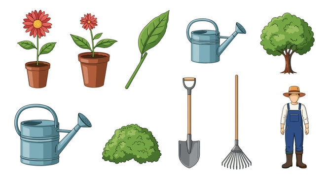 Illustration of gardening tools and plants including flowers watering cans and a farmer character on transparent background