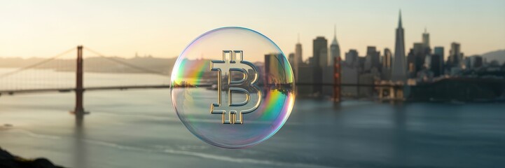 Bitcoin symbol in iridescent bubble over city skyline