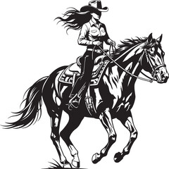 Cowgirl Riding Horse Black White Illustration vector