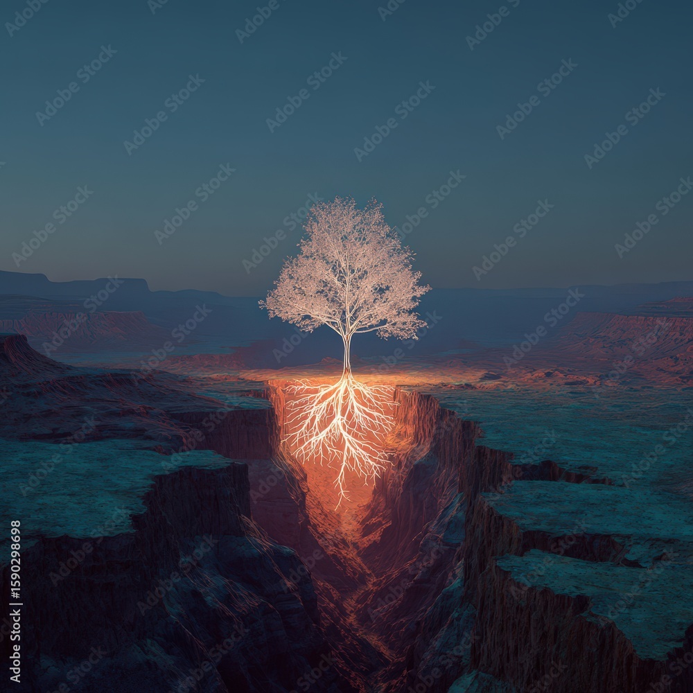 Poster a glowing tree stands at the edge of a deep canyon, its illuminated roots visible within the chasm, 