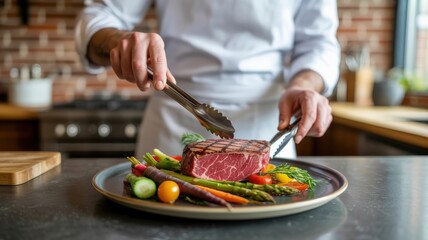 Professional chef plating steak with vegetables in modern kitchen