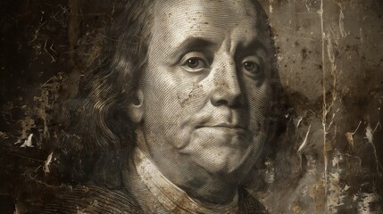 old worn vintage sepia toned polaroid photo of Benjamin Franklin