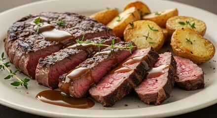 Juicy Sliced Steak with Gravy, Roasted Potatoes, and Fresh Herbs.