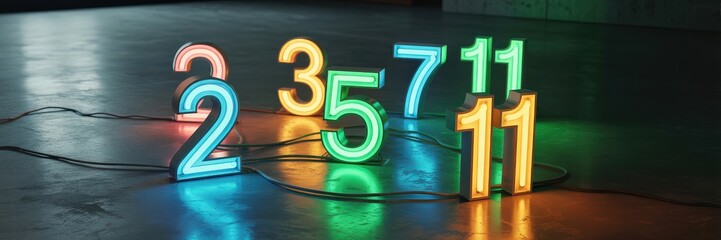 Colorful illuminated prime numbers floating in dark space with neon glow