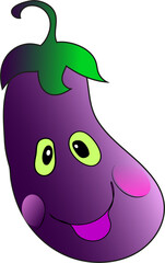 Happy Vegetable Cartoon Character. Colorful Eggplant Emoji Style Art with Goofy Smileю. Cute cartoon eggplant character with smiling face, large eyes, and green stem on white background
