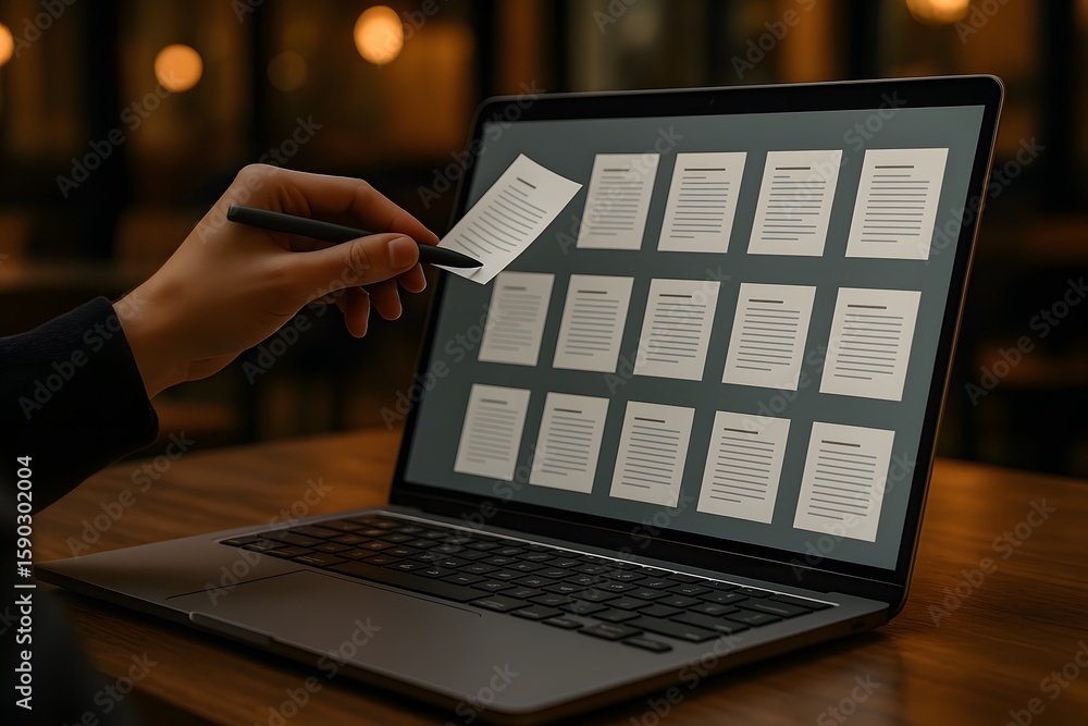 Poster person's hand pointing to a digital document on a laptop screen. the person is using a stylus to int
