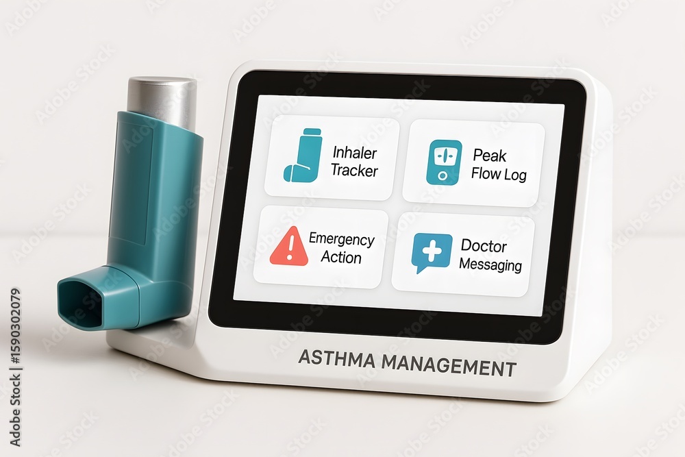 Poster a modern asthma management system, with an inhaler and touch screen display, offering various tracki
