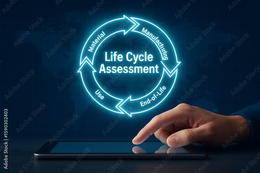 Poster hand pointing at a tablet showing a life cycle assessment diagram. the diagram is a circular flow ch